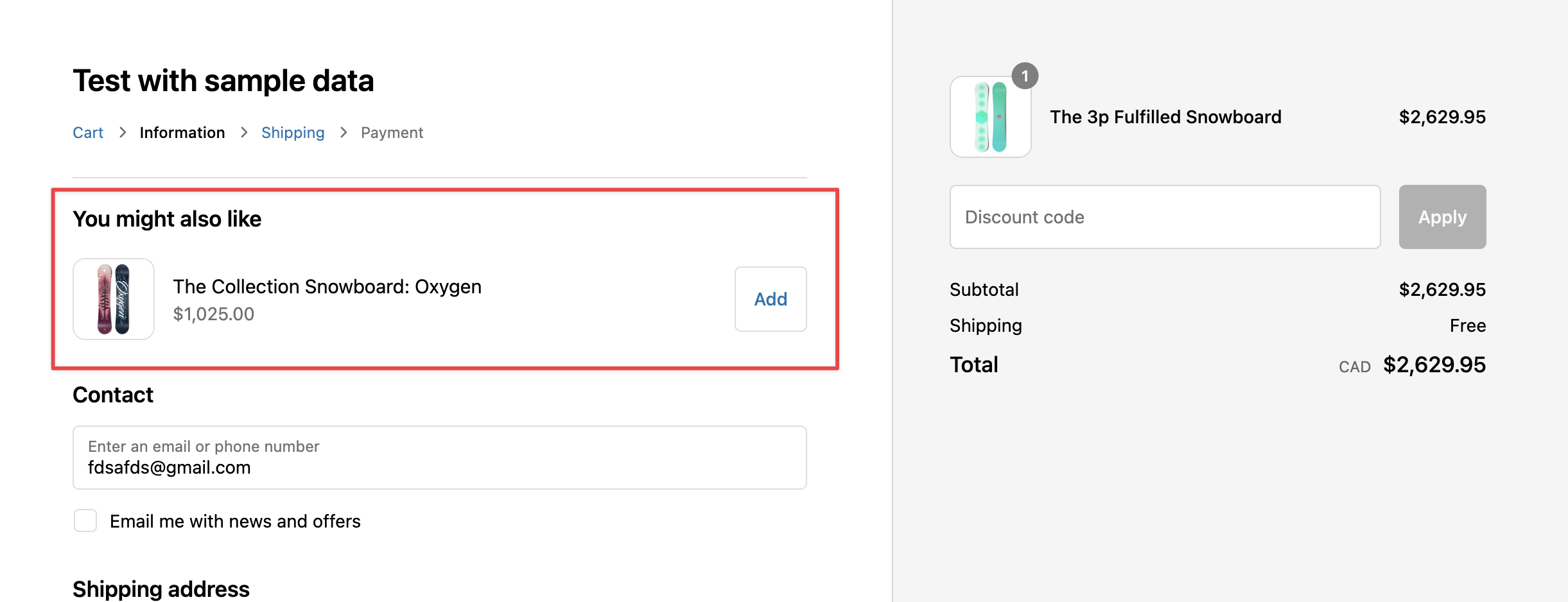 A screenshot of the pre-purchase app built in this tutorial using Shopify checkout UI extensions. A snowboard is being offered in the checkout. The product name and variant price are visible, along with an Add button available for buyers to add the item to their cart
