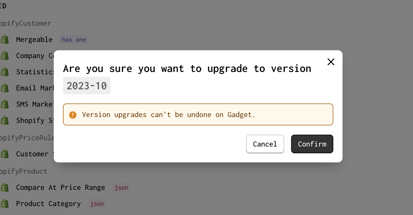 Screenshot of confirmation modal to complete API version upgrade