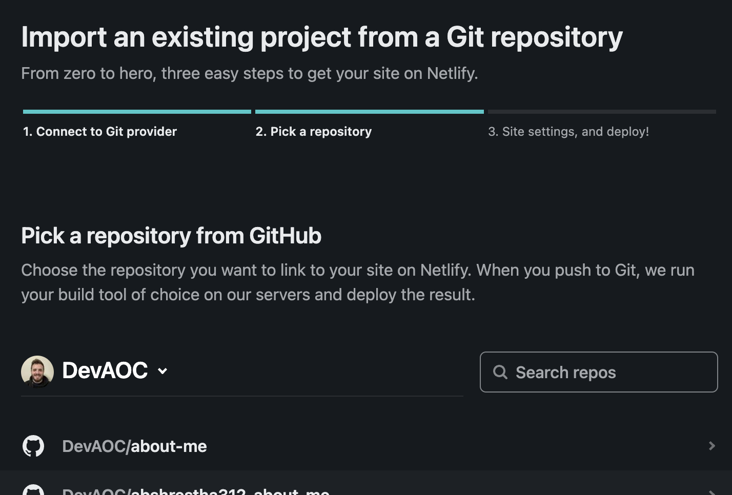 Netlify repository import page image