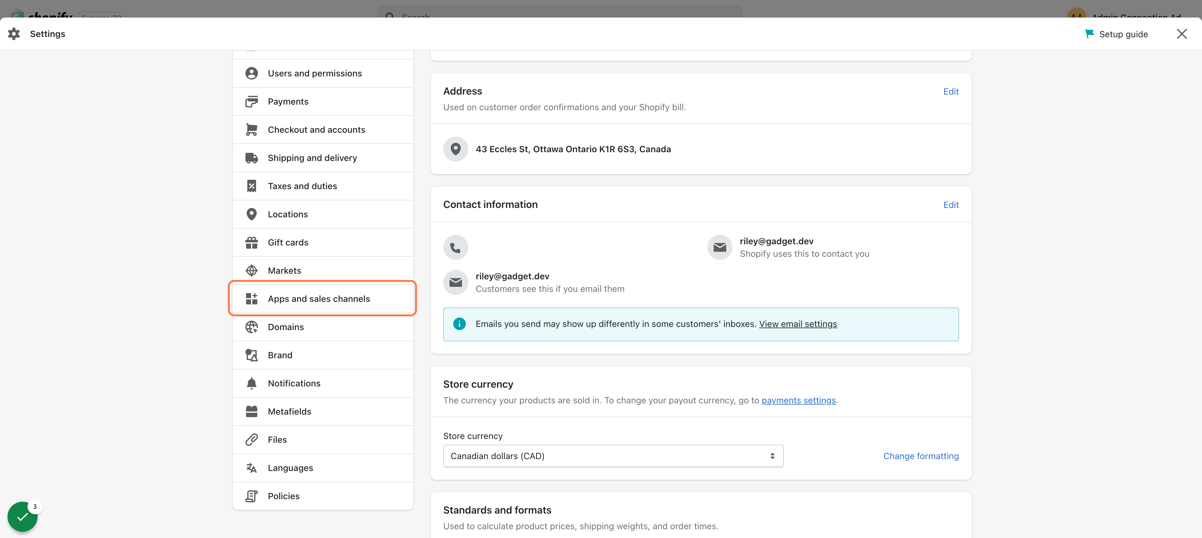 The Apps and sales channels option highlighted in the Shopify Admin settings panel