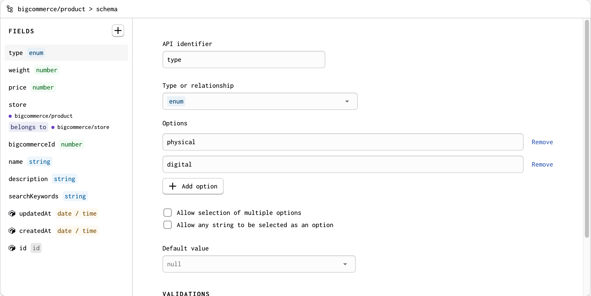 A screenshot of the enum options for the bigcommerce/product model's type field.