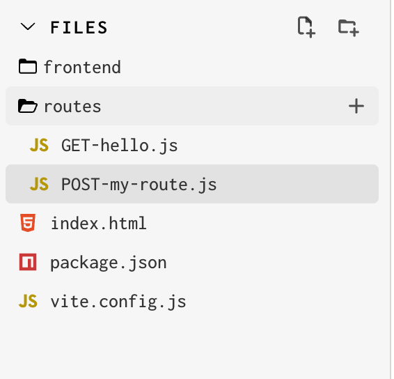 Screenshot of the Gadget file explorer with the routes folder expanded. Inside are two files, the default GET-hello.js and the added POST-my-route.js files