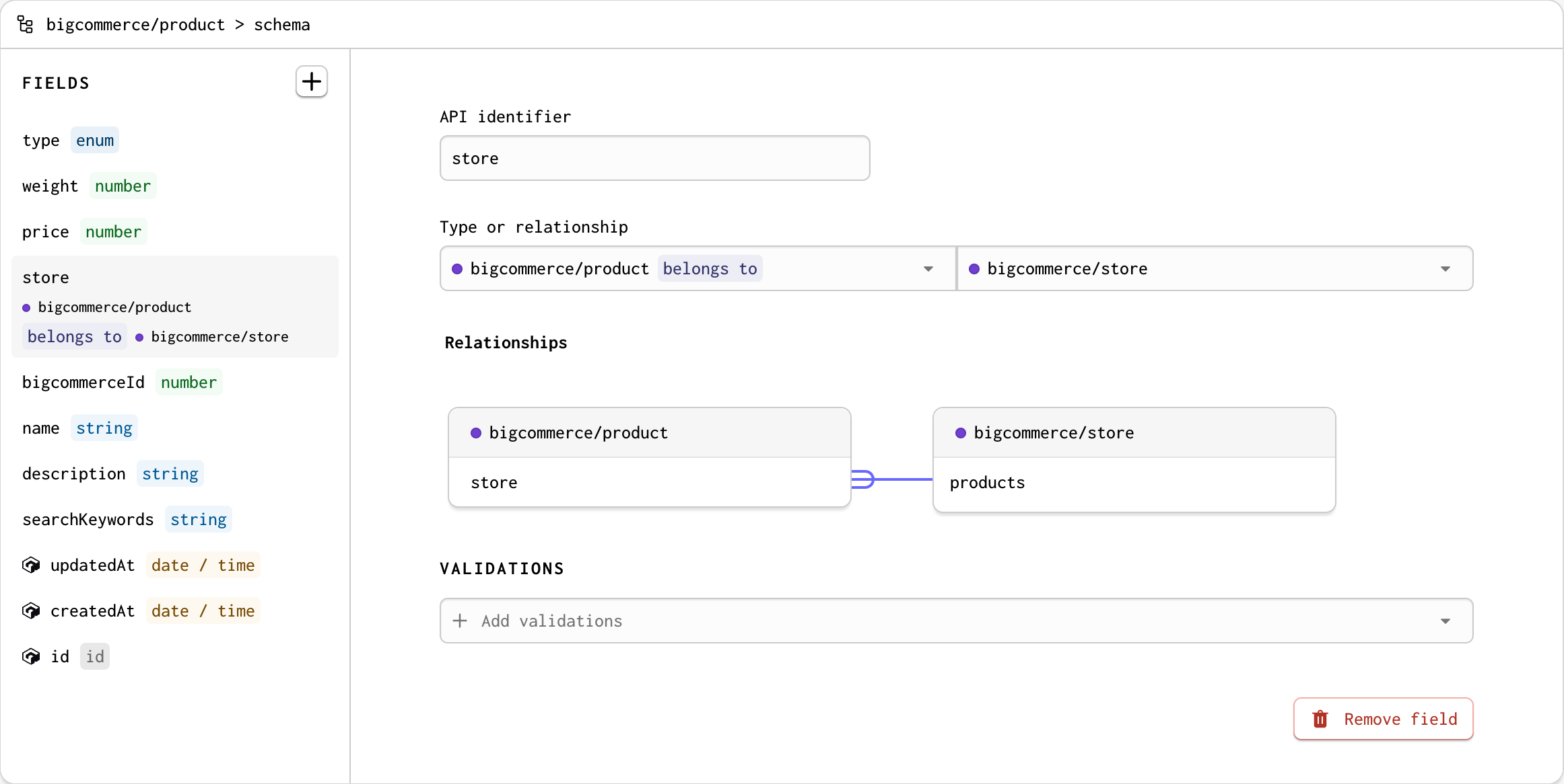 A screenshot of the store relationship field on the bigcommerce/product model. The inverse of the relationship is a has many, so that bigcommerce/store has many bigcommerce/product records.