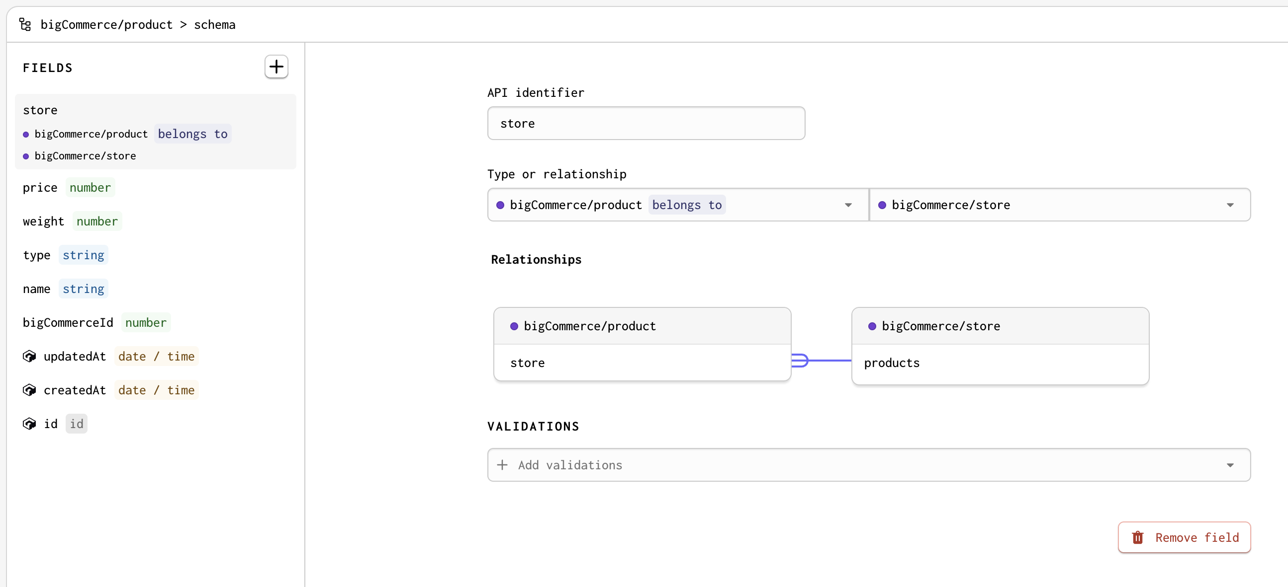 A screenshot of a belongsTo relationship field between a bigcommerce/product model and a bigcommerce/store model. The field on bigcommerce/product is name store, and the inverse of the relationship on the bigcommerce/store model is named products so that bigcommerce/store hasMany bigcommerce/products