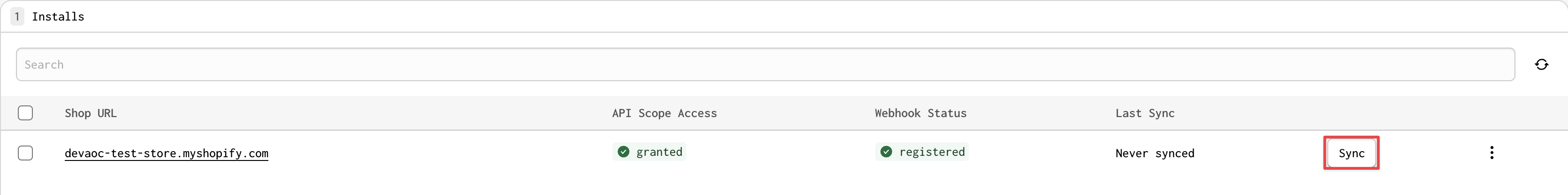 A successful connection panel, with the Sync button available to start the data sync