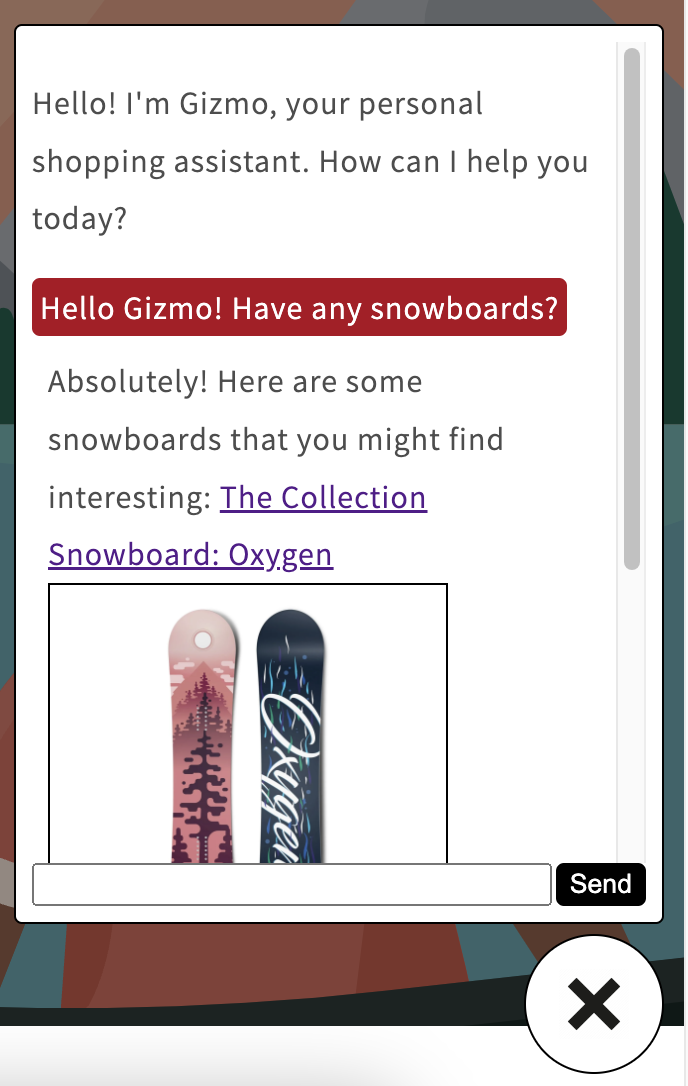 Screenshot of the finished chatbot, with a question entered (asking about snowboards for sale) and a response. The response includes a text response and product recommendations.