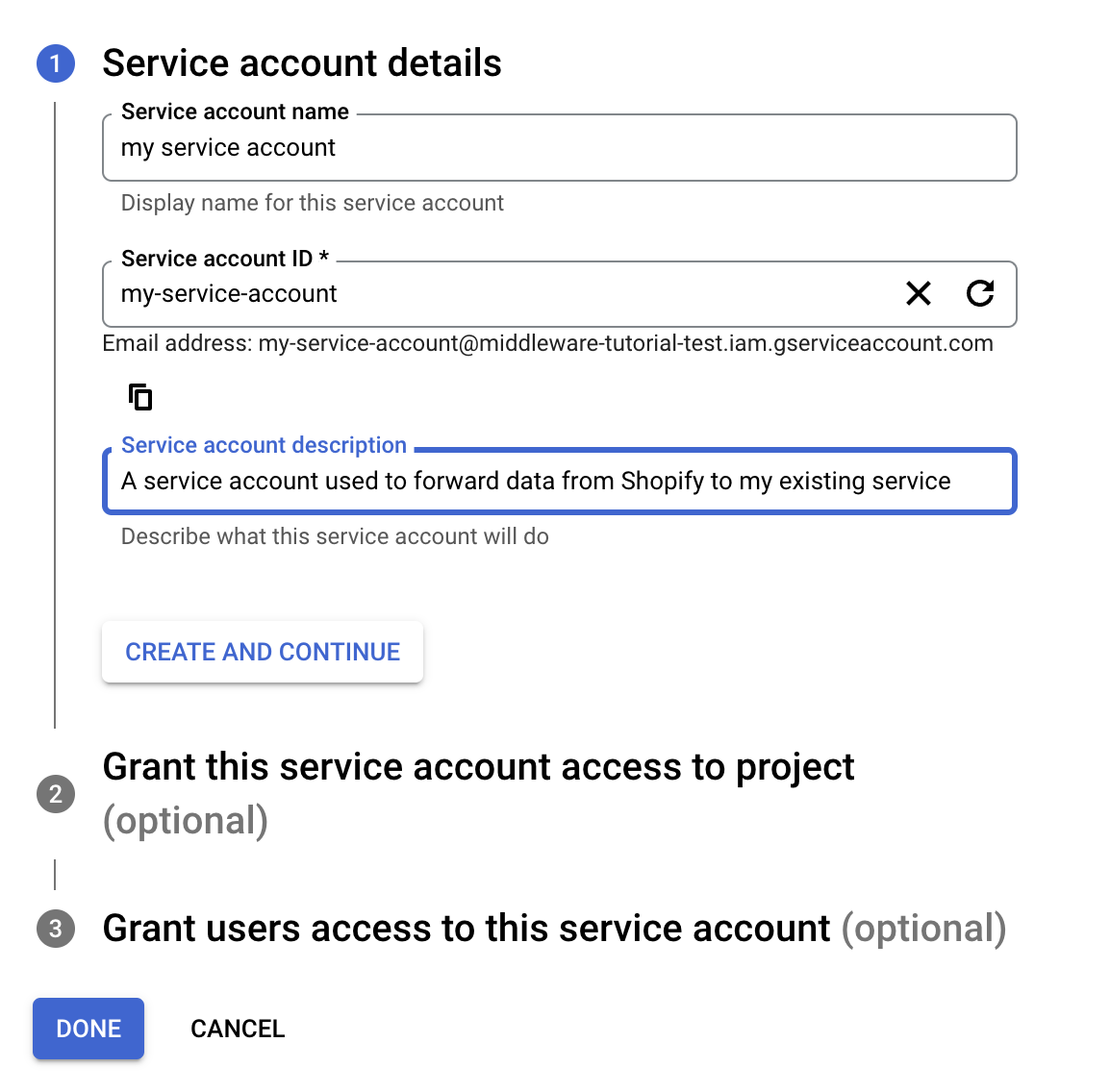 Screenshot of the creation of a service account in Google Cloud Console