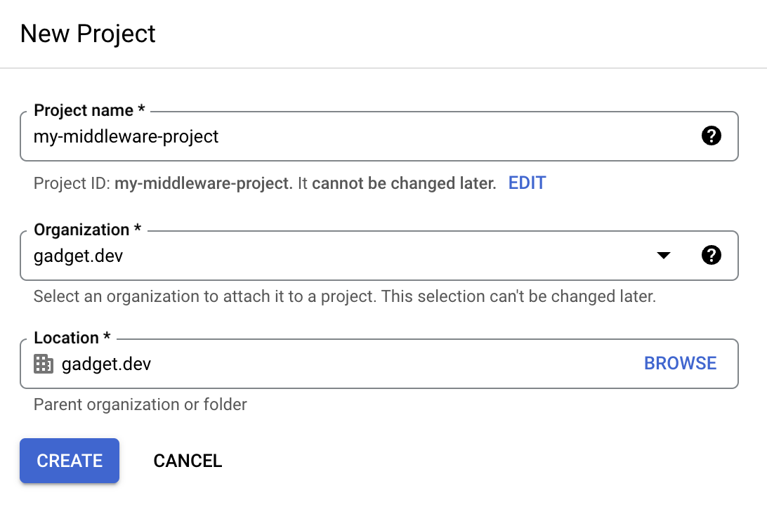 Screenshot of the project creation screen in the Google Cloud Console