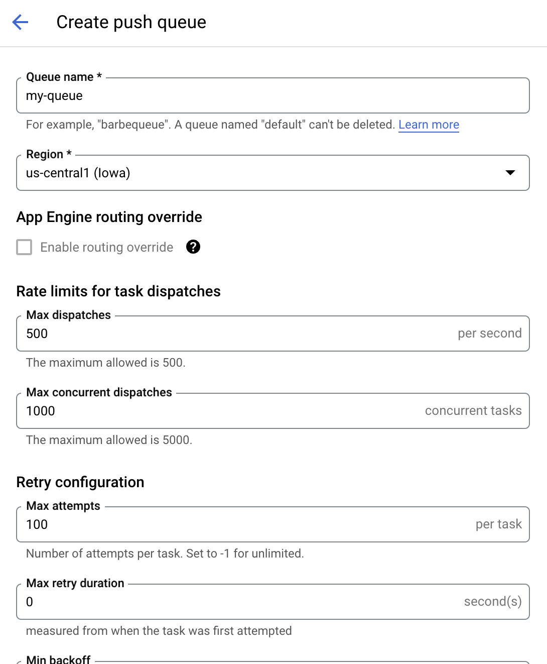 Screenshot of the queue creation screen in the Google Cloud Console, with the Advanced settings expanded