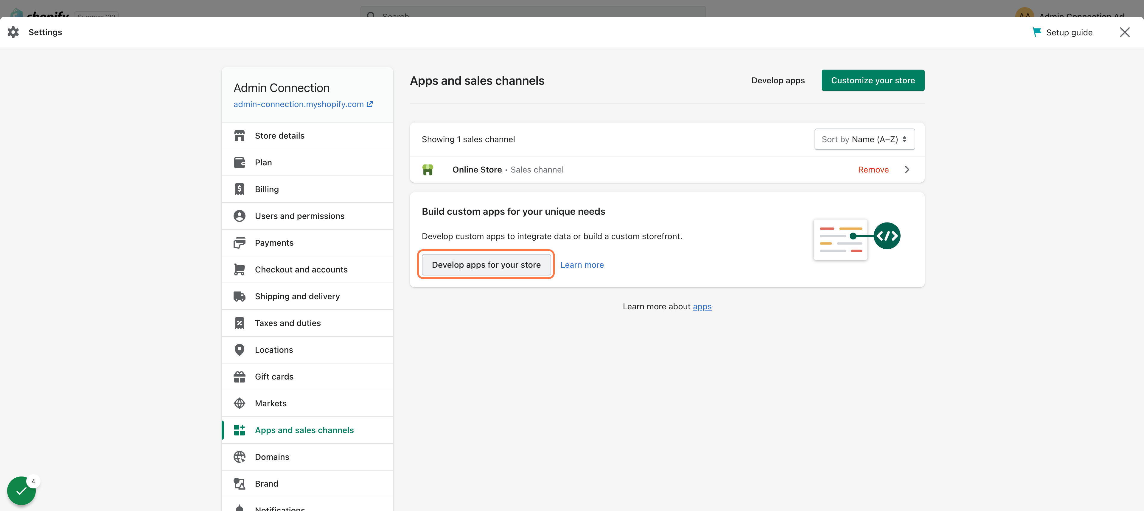 The Shopify Apps settings page, highlighting the button that allows you to enable custom app development on your store