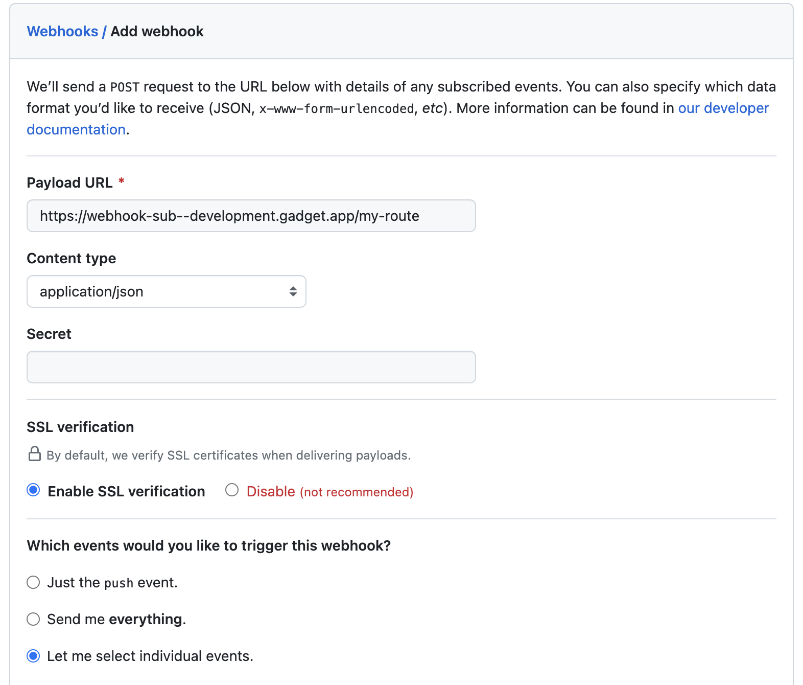 Screenshot of the webhook configuration page in GitHub, with a Payload URL entered, the 'Content type' set to 'application/json', and the 'Let me select individual events.' option selected.