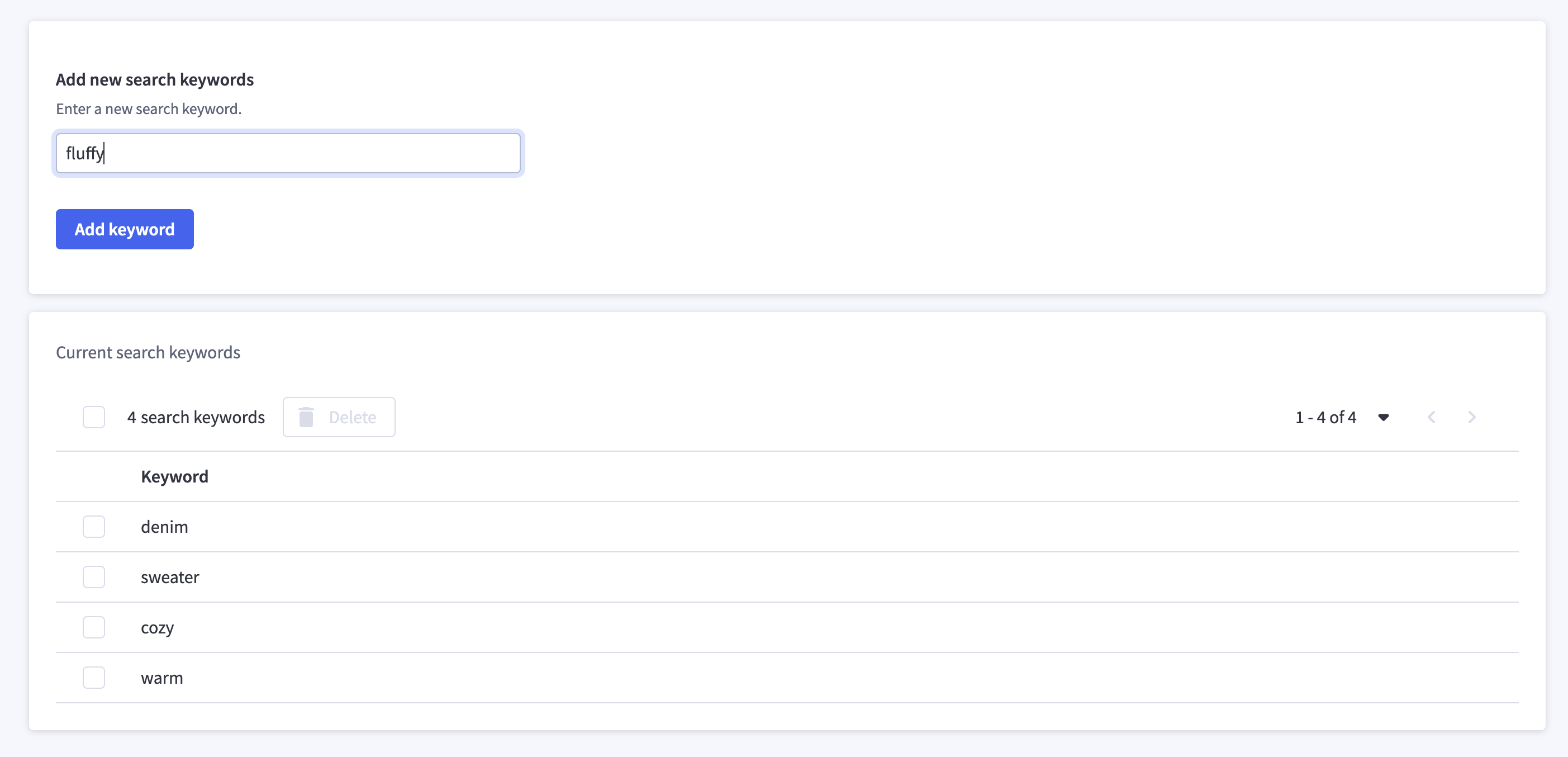 A screenshot of the completed application, embedded in a BigCommerce control panel. The top of the page is a form with a single input for entering keywords, the bottom of the page is a table with existing keywords.