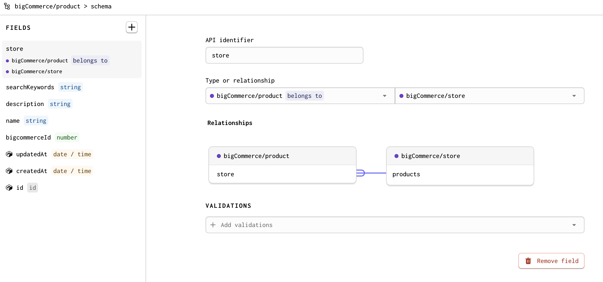 A screenshot of the store relationship field on the bigcommerce/product model. The inverse of the relationship is a has many, so that bigcommerce/store has many bigcommerce/product records.