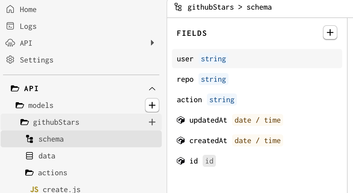 Screenshot of the GitHub Stars model in Gadget, with 3 string fields: User, Repo, and Action