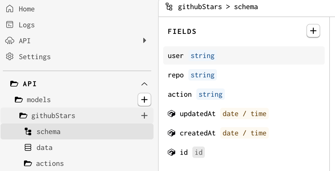 Screenshot of the GitHub Stars model in Gadget, with 3 string fields: User, Repo, and Action