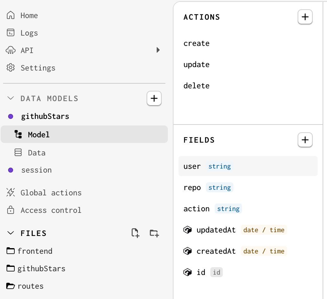 Screenshot of the GitHub Stars model in Gadget, with 3 string fields: User, Repo, and Action