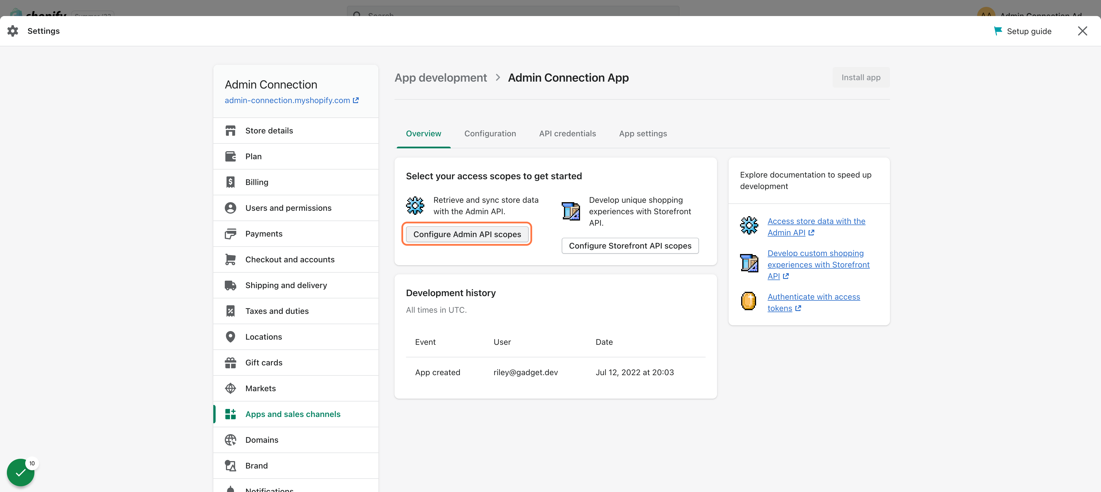 The Configure Admin API scopes button highlighted in the Shopify Admin apps widget