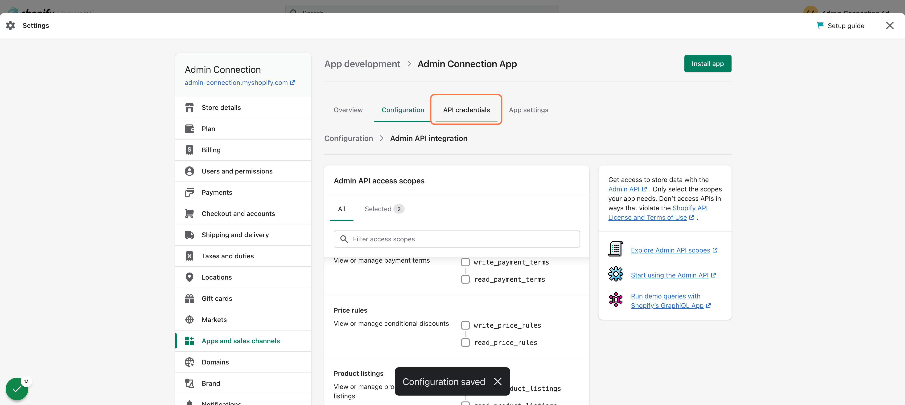 Highlight the API credentials tab on the Shopify store Admin apps panel