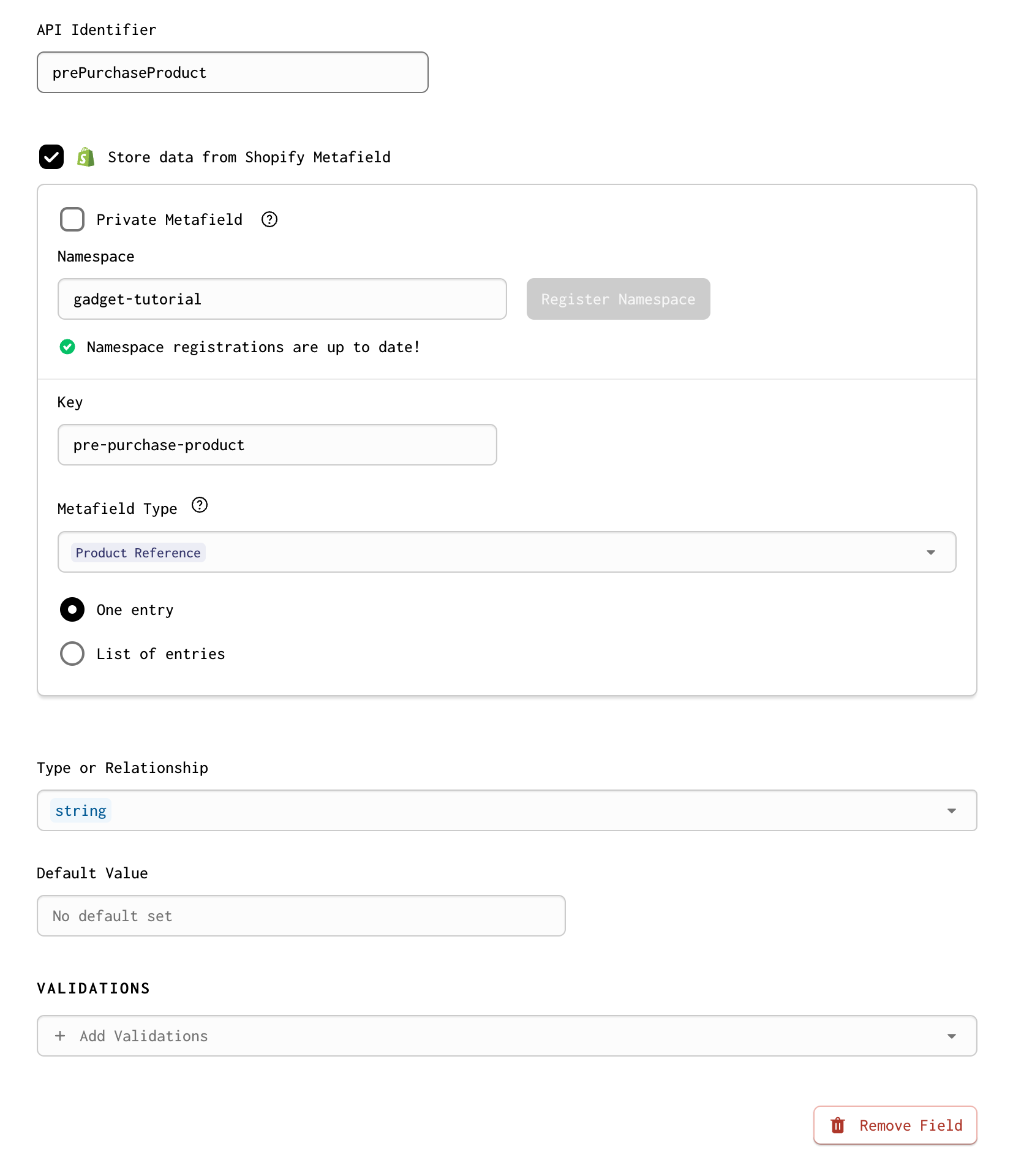 Screenshot of the new Pre-Purchase Product field on the shopifyShop model. The field stores data from a Shopify Metafield, and has the namespace 'gadget-tutorial', and the key 'pre-purchase-product'
