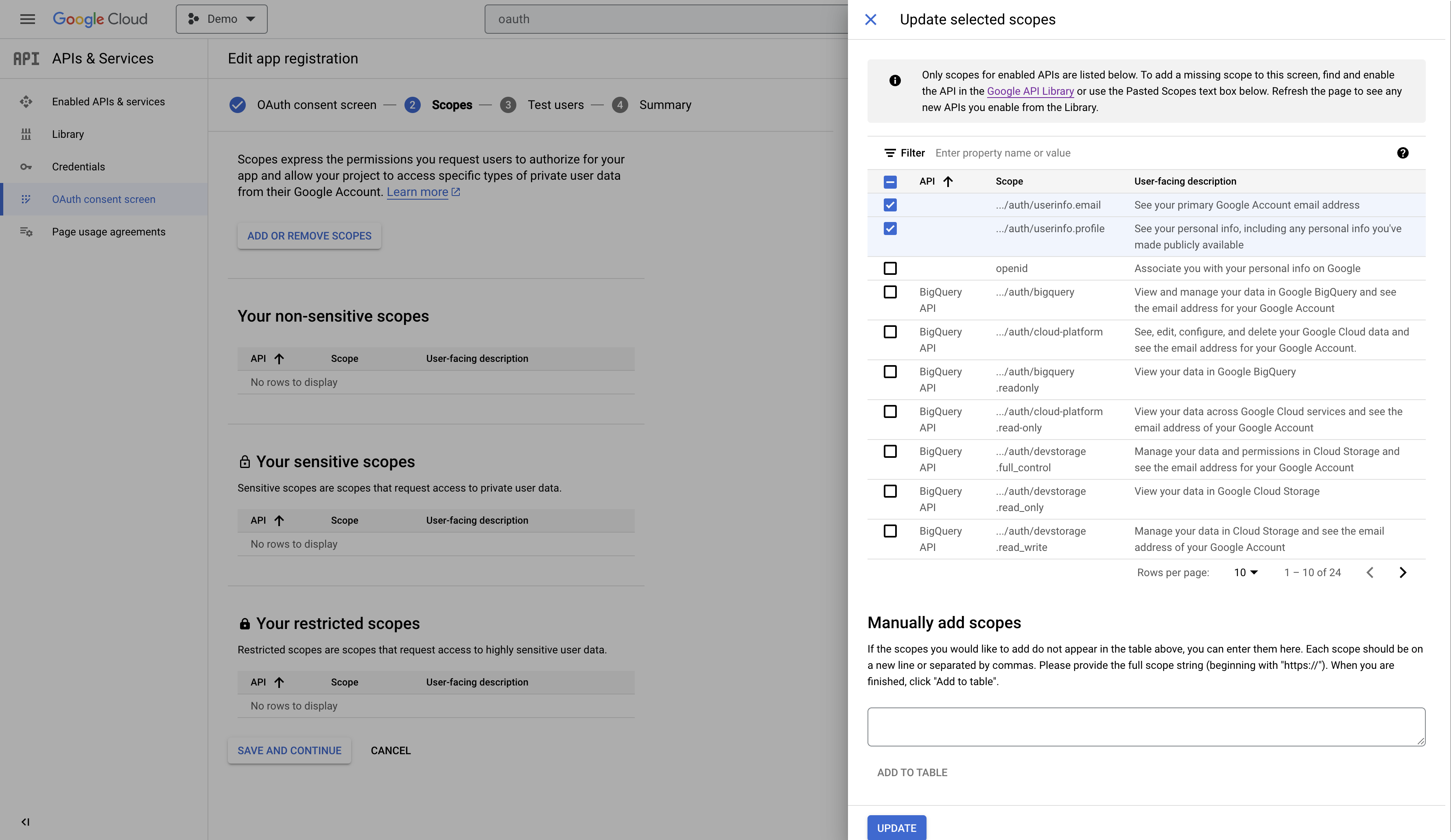 A screenshot of adding scopes in the cloud console