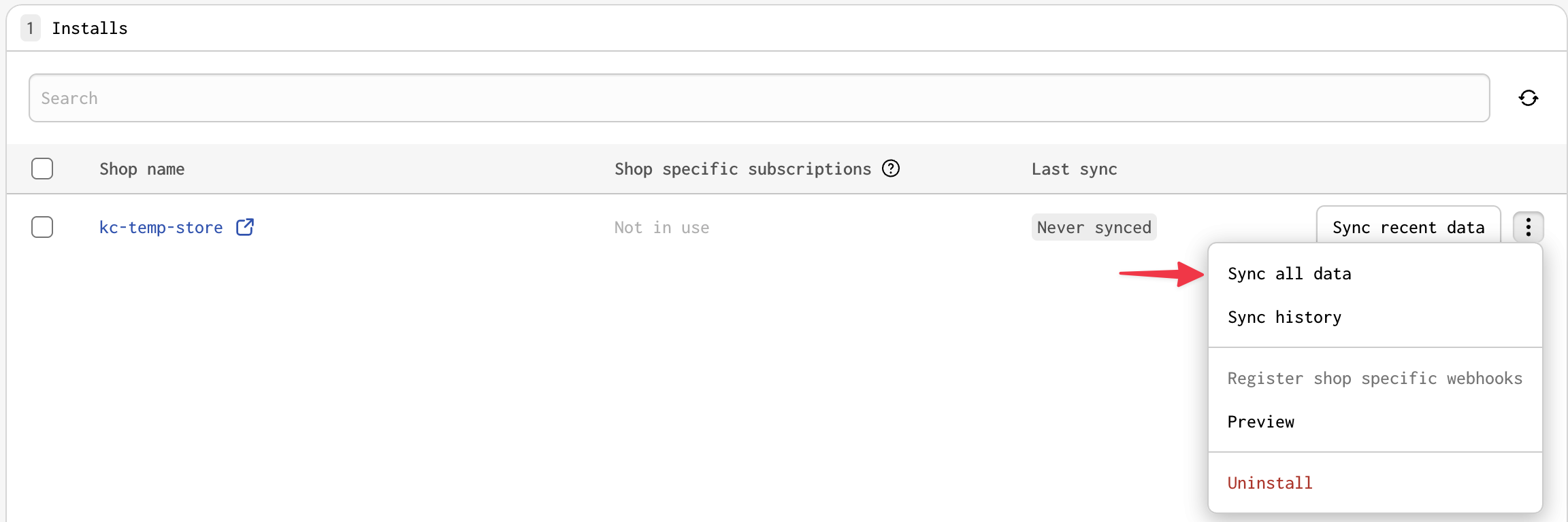 The refresh scopes menu option of a Shopify admin connection
