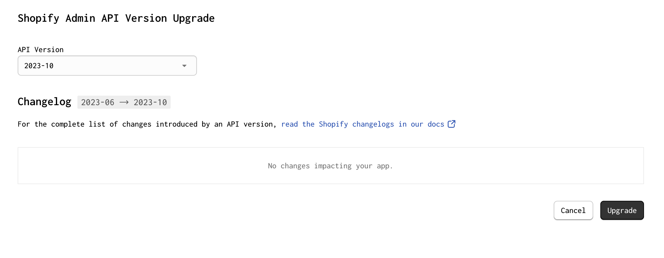 Screenshot of API version upgrade page
