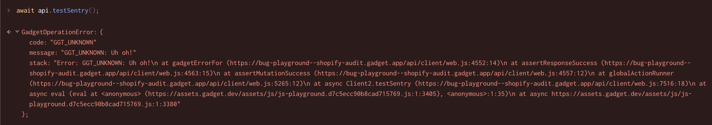 A view of a Gadget application's GraphQL Playground sending a testSentry mutation and receiving an error in the response