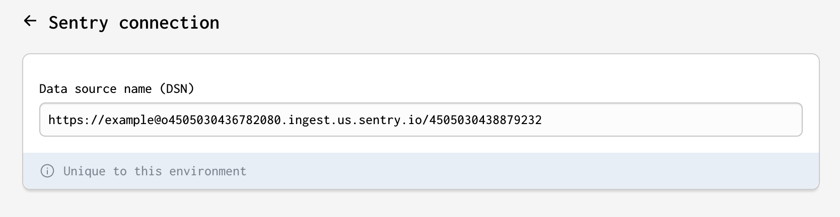 A view of Gadget's Sentry connection page with the Data Source Name (DSN) field populated