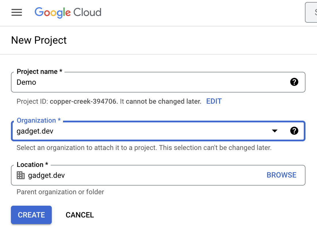A screenshot of creating a project in the Google cloud console