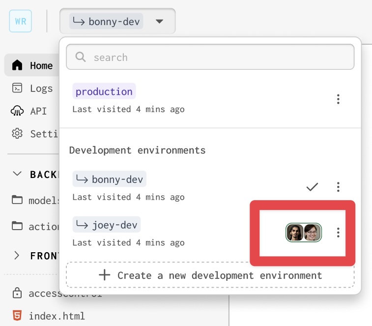 A screenshot of the environment selector in the Gadget editor. There are two environments, bonny-dev and joey-dev, and two users are currently working on joey-dev.