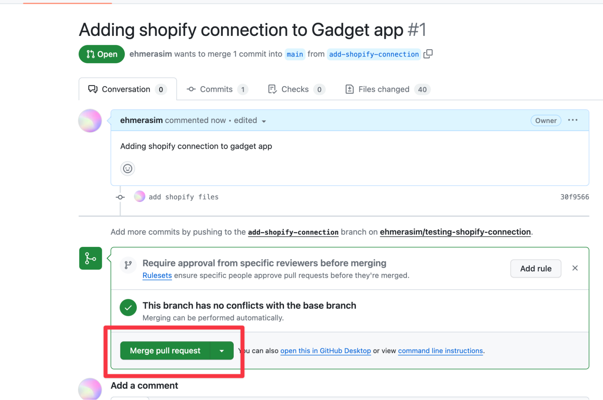 Merge committed changes in GitHub PR for source-controlled app