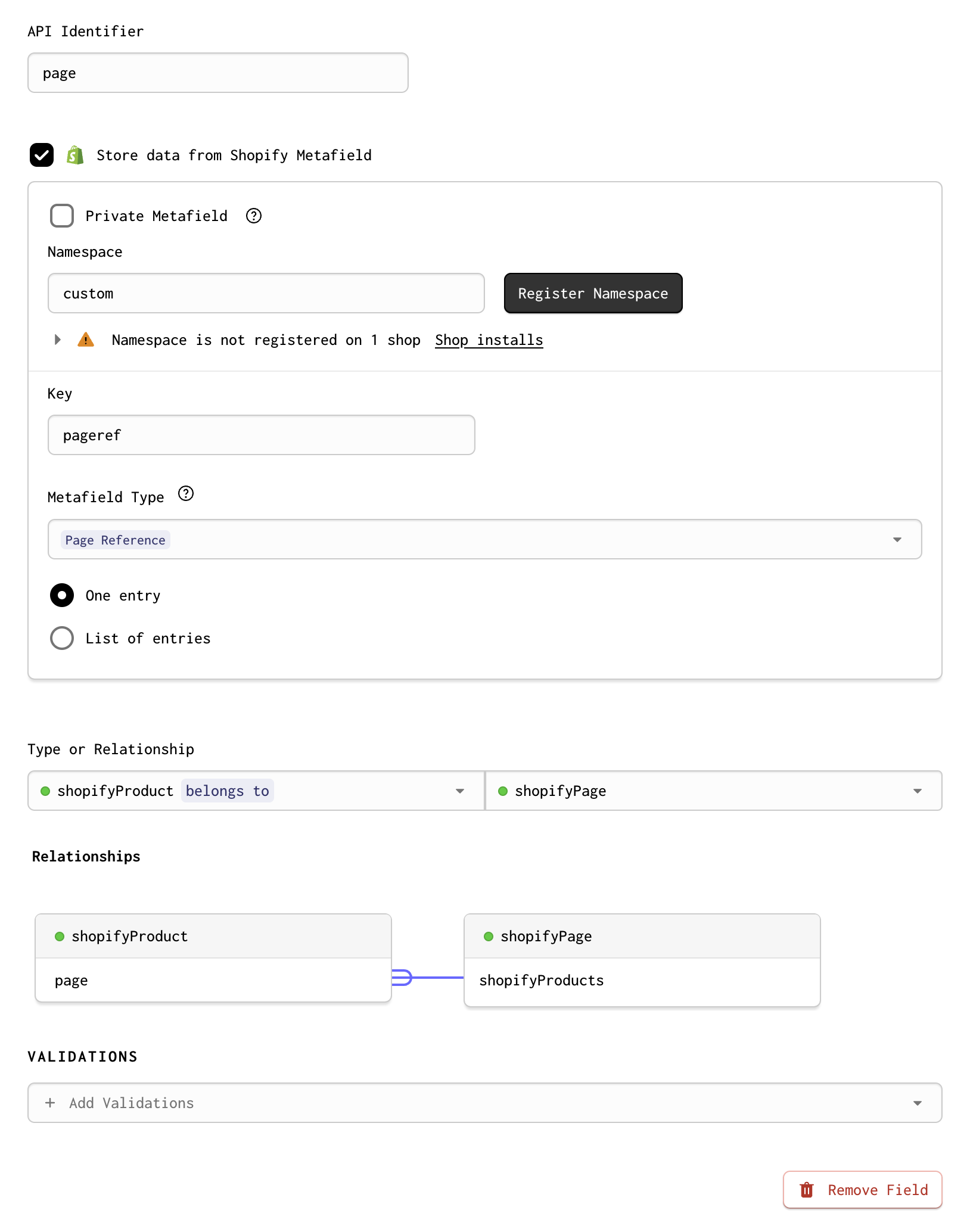 A screenshot of a page reference metafield stored on the shopifyProduct model, modeled as a relationship to the shopifyPage model in Gadget