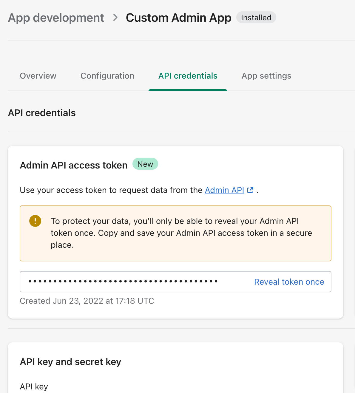 Screenshot of the Shopify Admin app API credentials page, with an access token, and api key available
