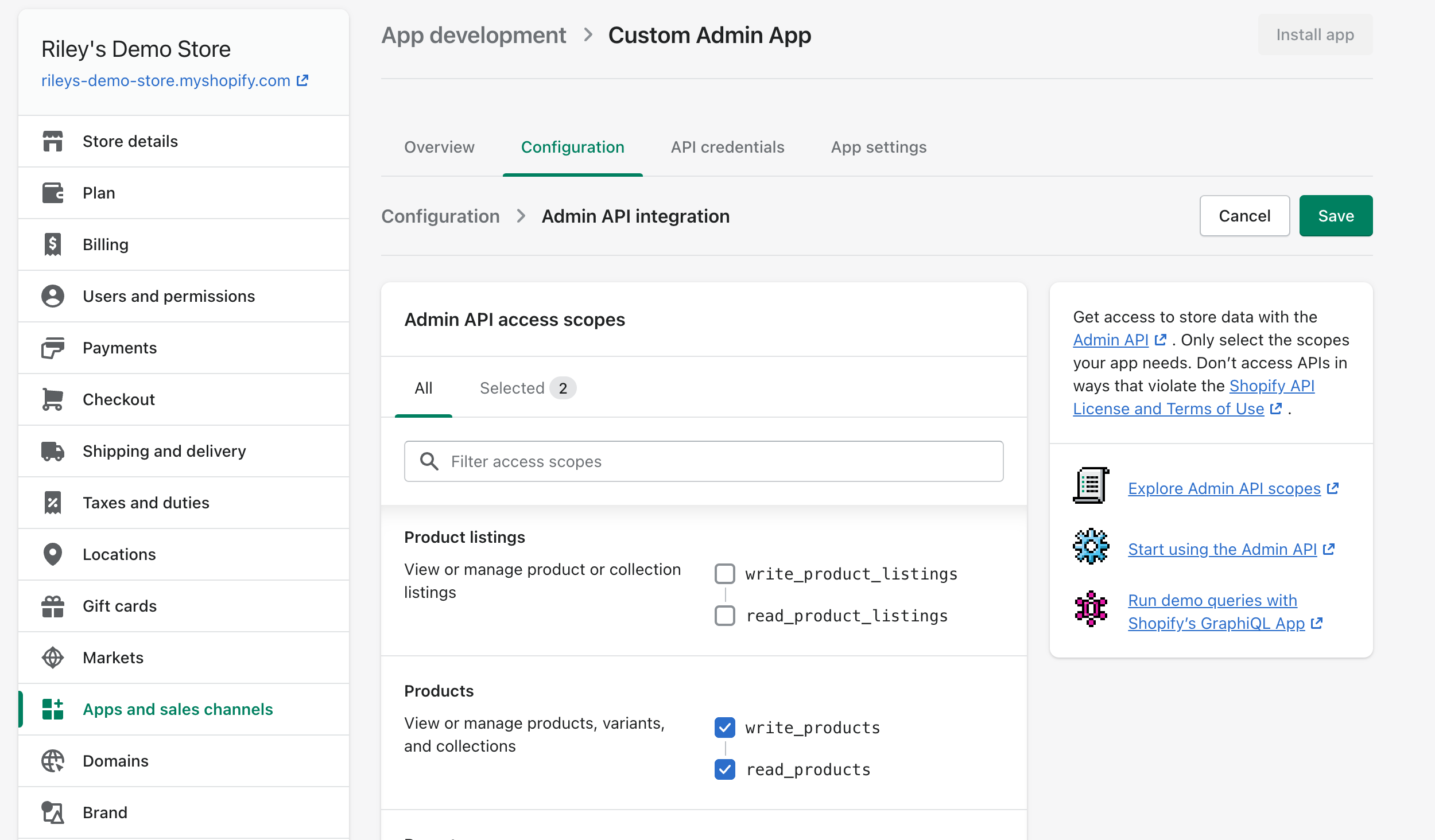 Screenshot of the Shopify Admin app API scope selection page, with the read/write product scope selected