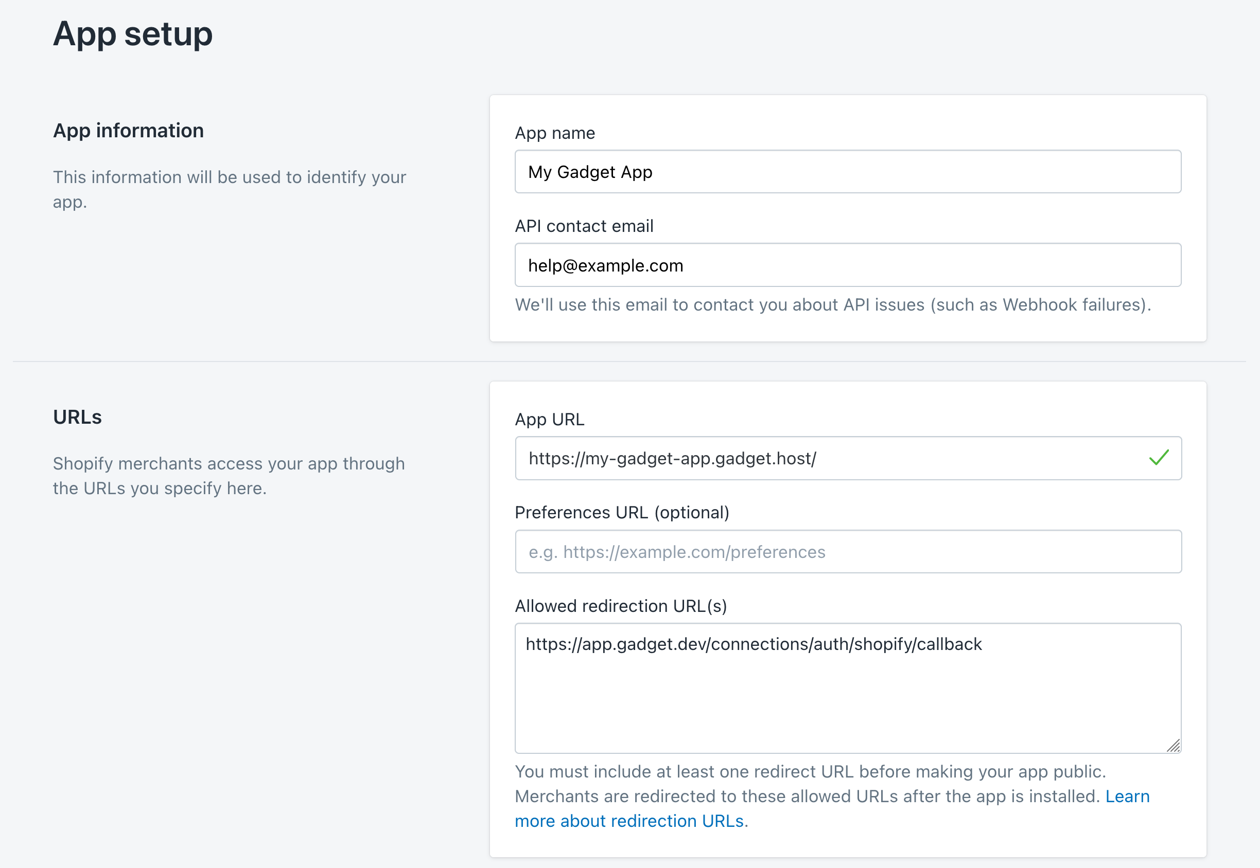 Shopify app setup screen showing the required Gadget values