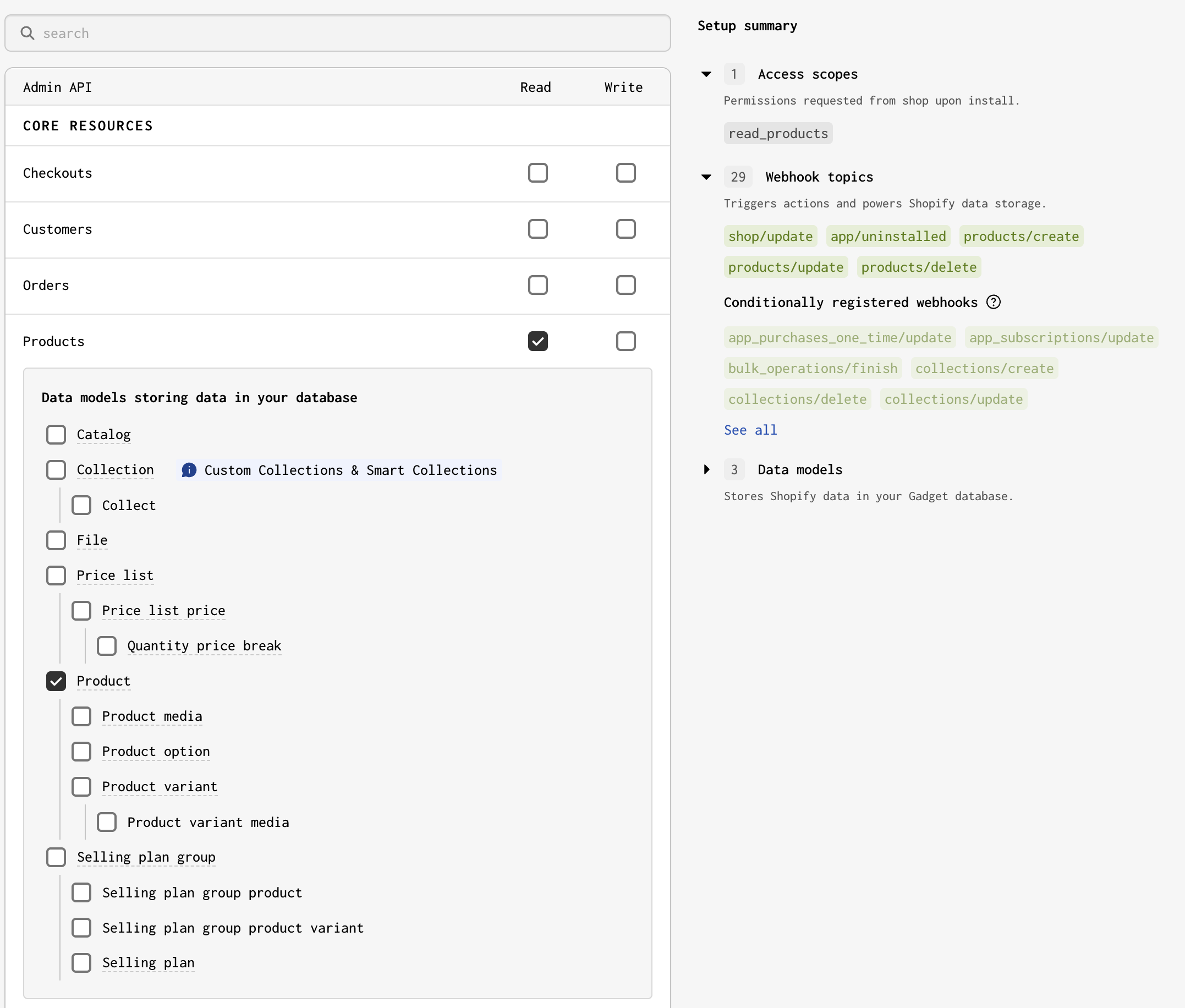 A screenshot of the Gadget Shopify connection page showing the Admin API scopes list and the Data models section with Products Read and Product selected.