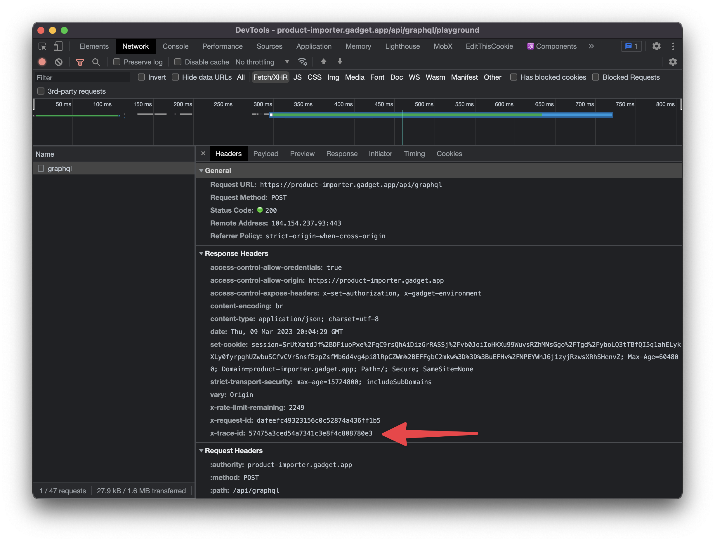 A screenshot of the Chrome DevTools showing the x-trace-id response header