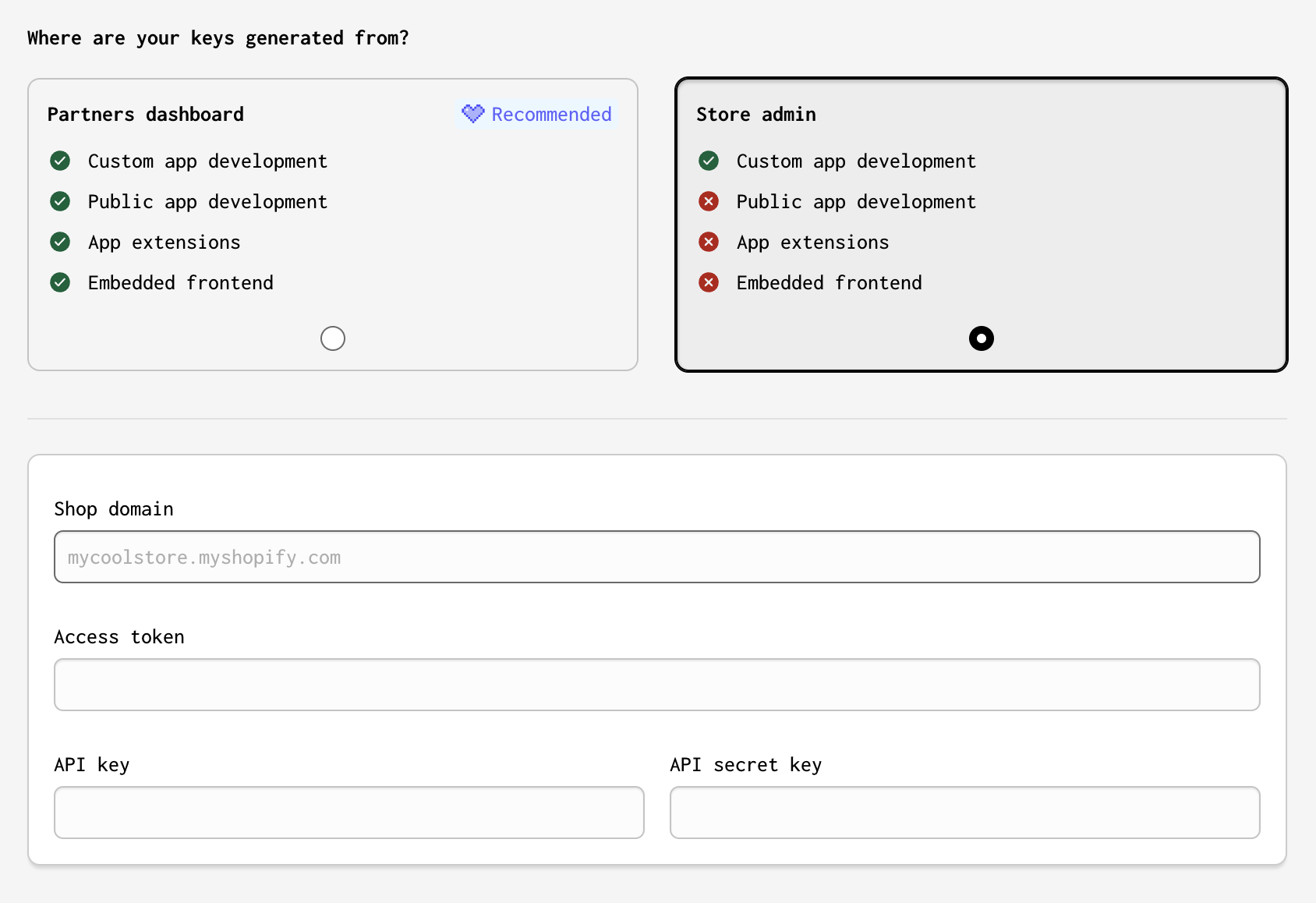 Highlighting the Shopify Admin connection option on the Gadget Connections page