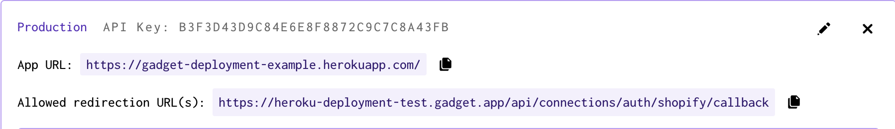 Section in Gadget that displays Shopify app connections