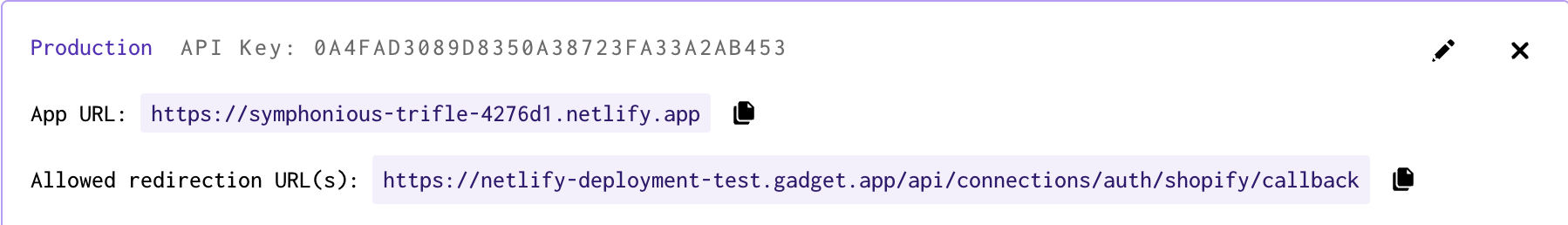 Section in Gadget that displays Shopify app connections
