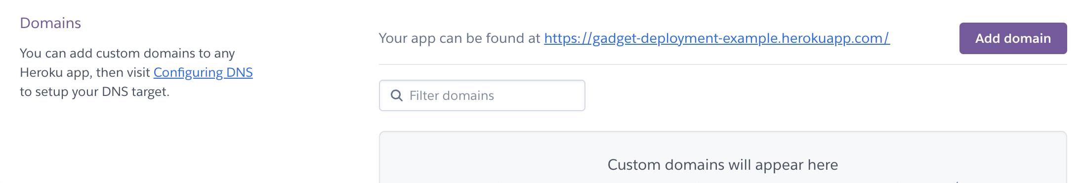 Heroku domains section