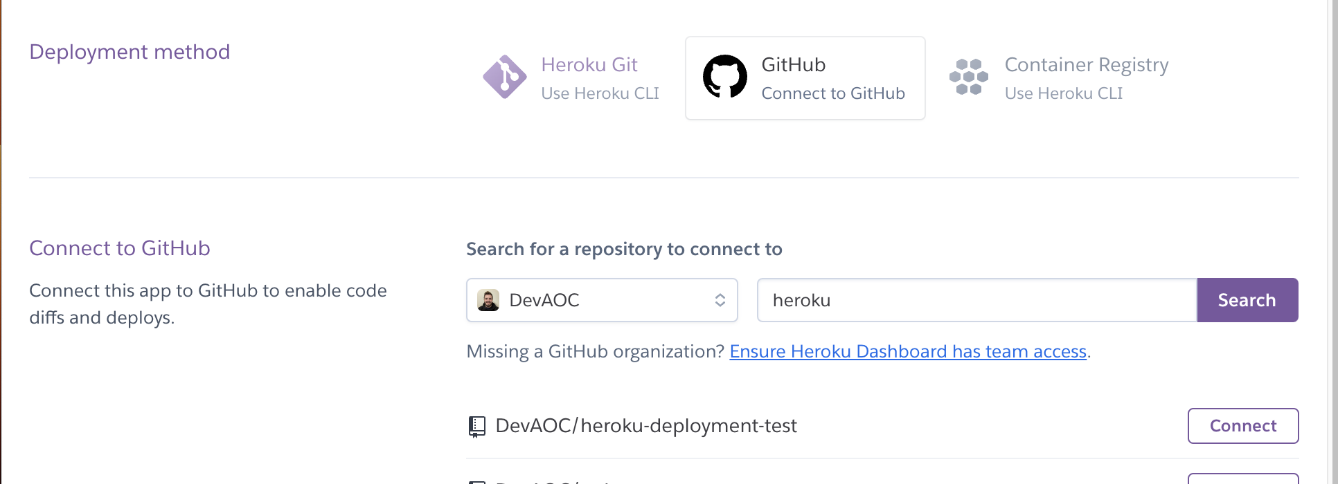 Heroku repository selection section