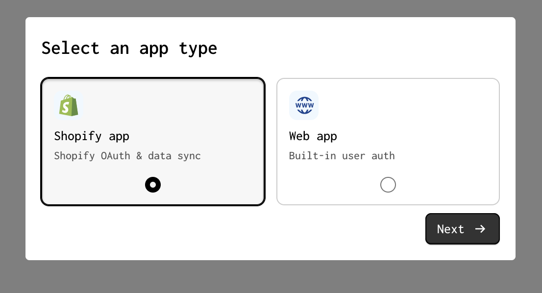 A screenshot of the Shopify app template tile selected on the new app modal, with a domain entered