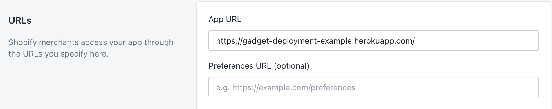 Shopify app URLs section in Configuration