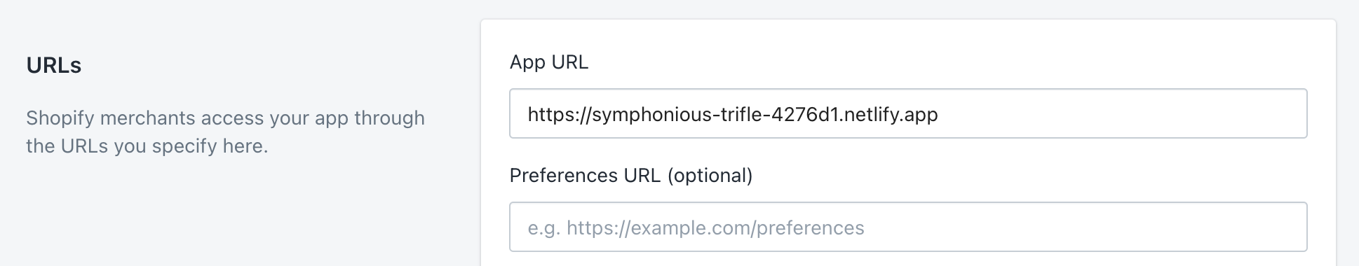 Shopify app URLs section in Configuration