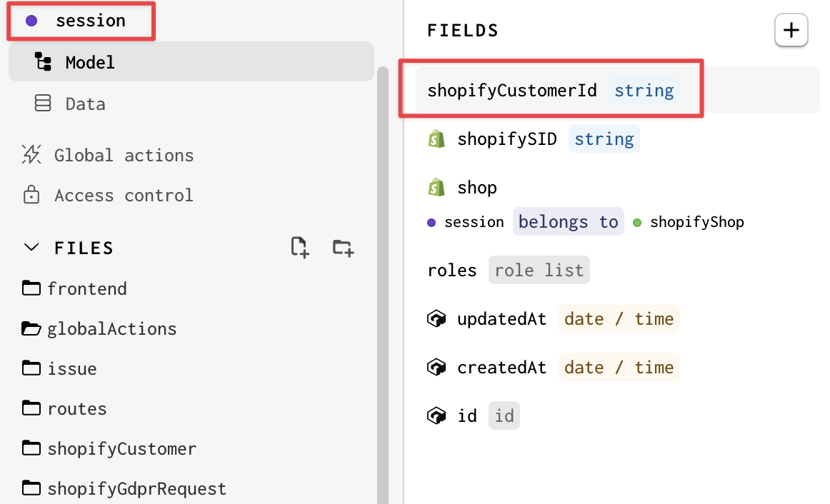 A screenshot highlighting the session model and the added shopifyCustomerId string field