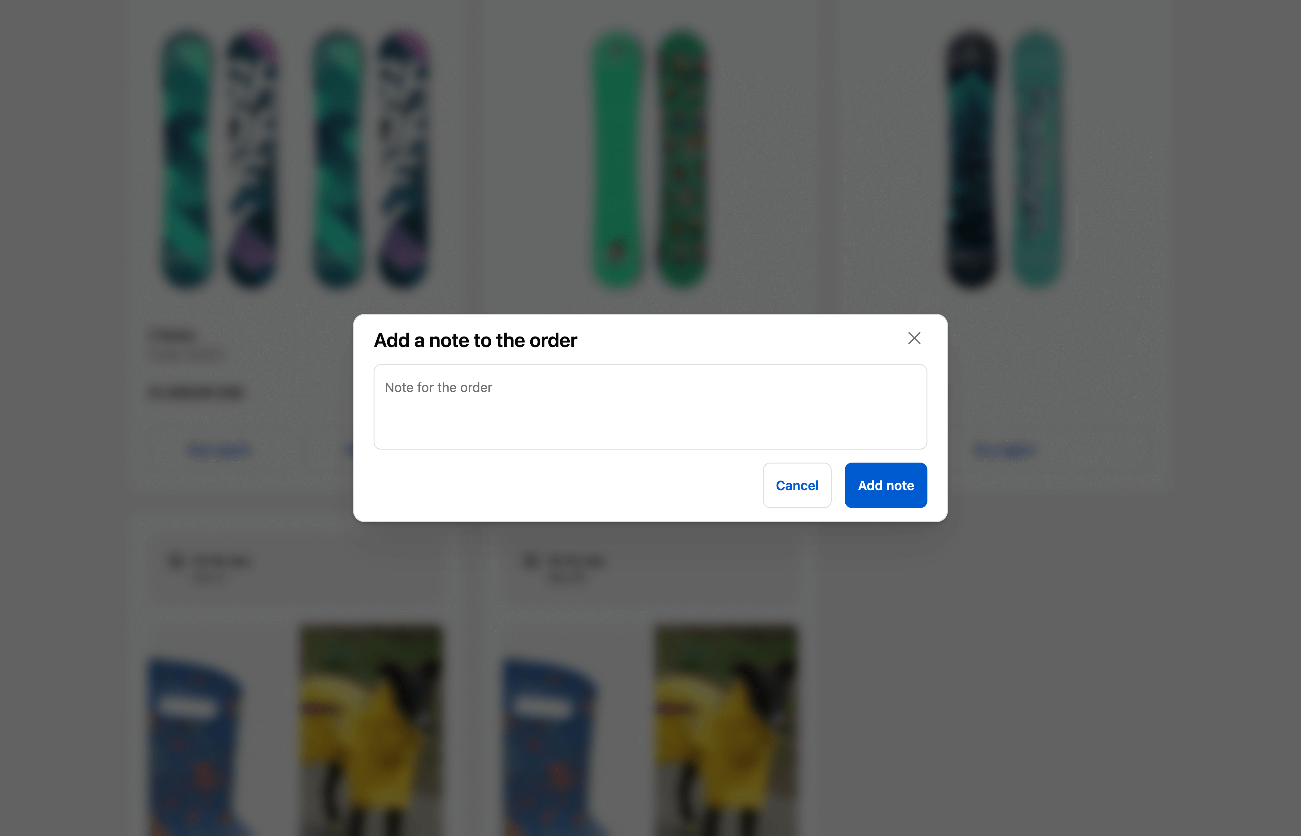 A screenshot of a modal in Shopify's customer accounts page. The modal has a single input for adding a note to an existing order, and buttons to add the note or cancel