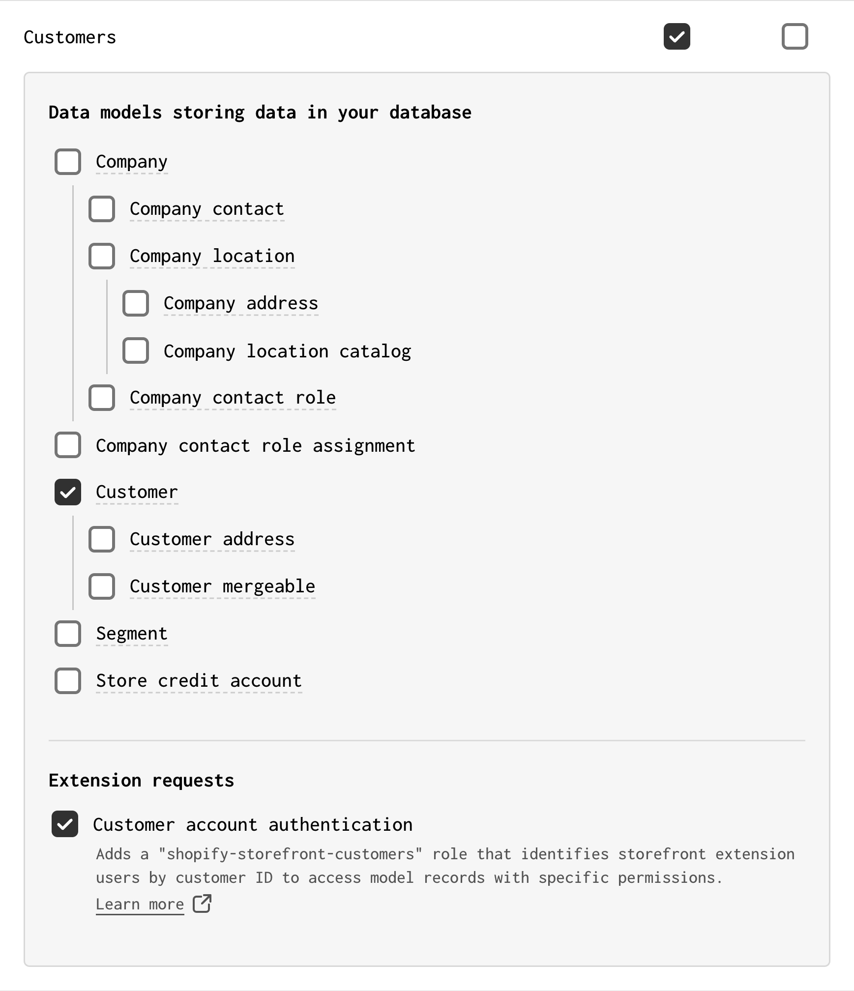 A screenshot of the selection of the read_customers scope, along with the Customer model and Customer account authentication option enabled in the Gadget Shopify connection configuration screen.